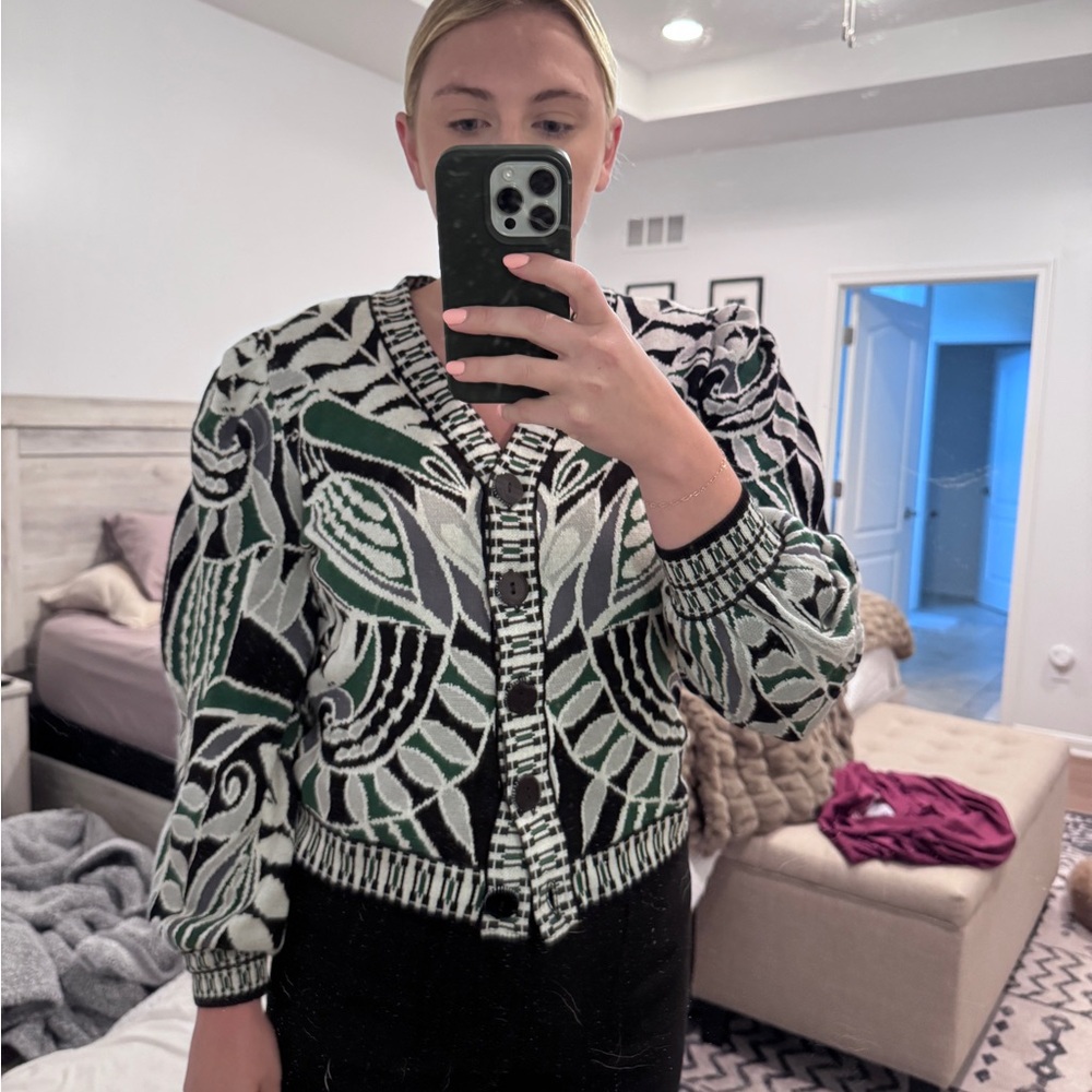FARM Rio Black and Green Patterned Cardigan